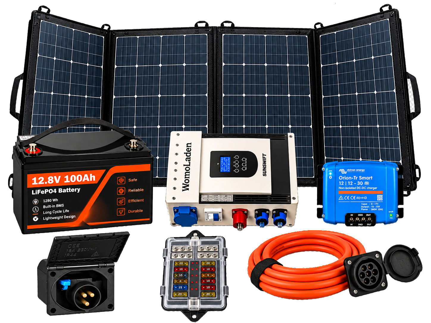 RoadPower Komponenten im Überblick: Batterie, Solarpaneele, Wechselrichter, Ladebooster, CEE-Ladebuchse, Sicherungsbox und Ladekabel